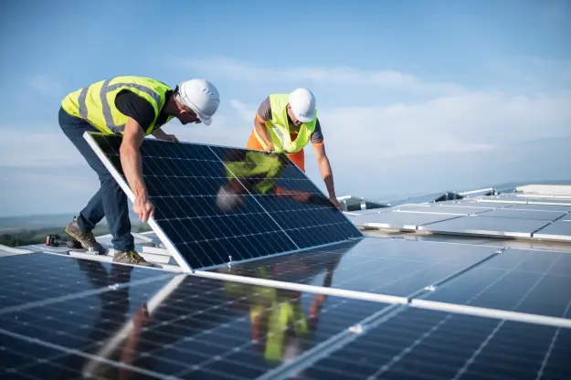 Main image with workers installing solar panels